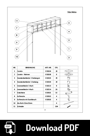 Datenblatt x-cett würfel individuell cassette kreativ mobeliar Möbelstück bausatz baukastensystem einfallsreich ideenreich idee Kunst künstlerisch Regal Vitrine Stele