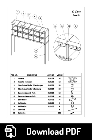 Datenblatt x-cett würfel individuell cassette kreativ mobeliar Möbelstück bausatz baukastensystem einfallsreich ideenreich idee Kunst künstlerisch Regal Vitrine Stele